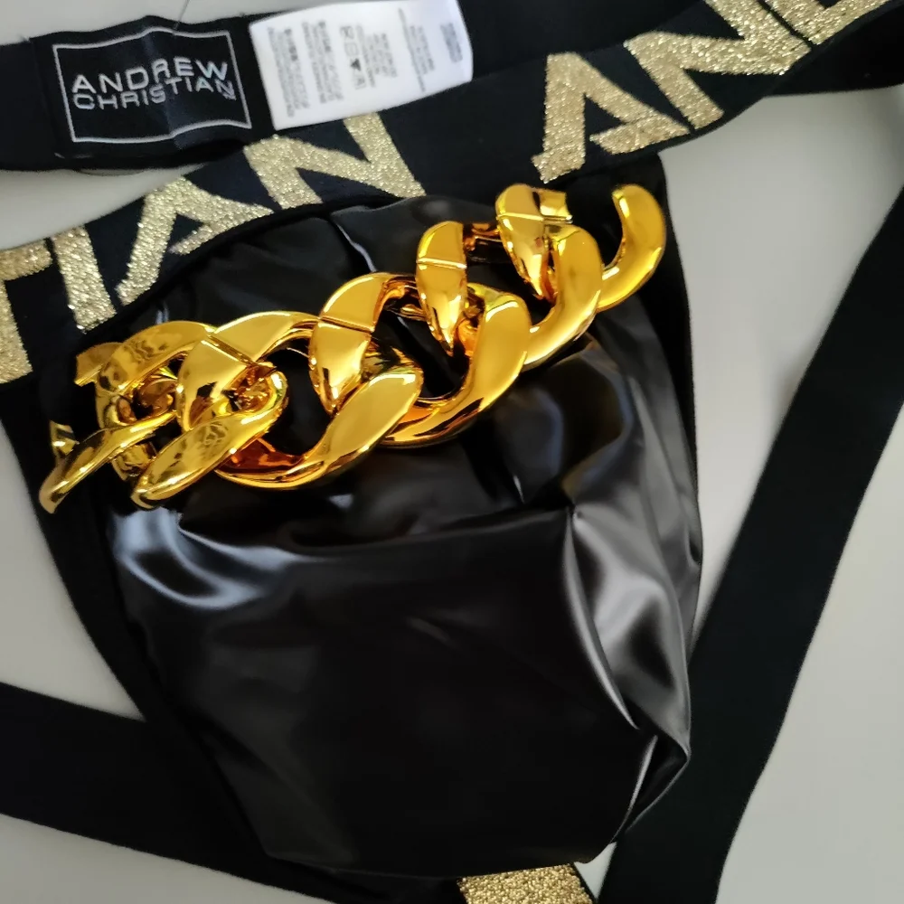 Andrew Christian jock Small Chains of Love latex look black gold SML NWT - Picture 6 of 9
